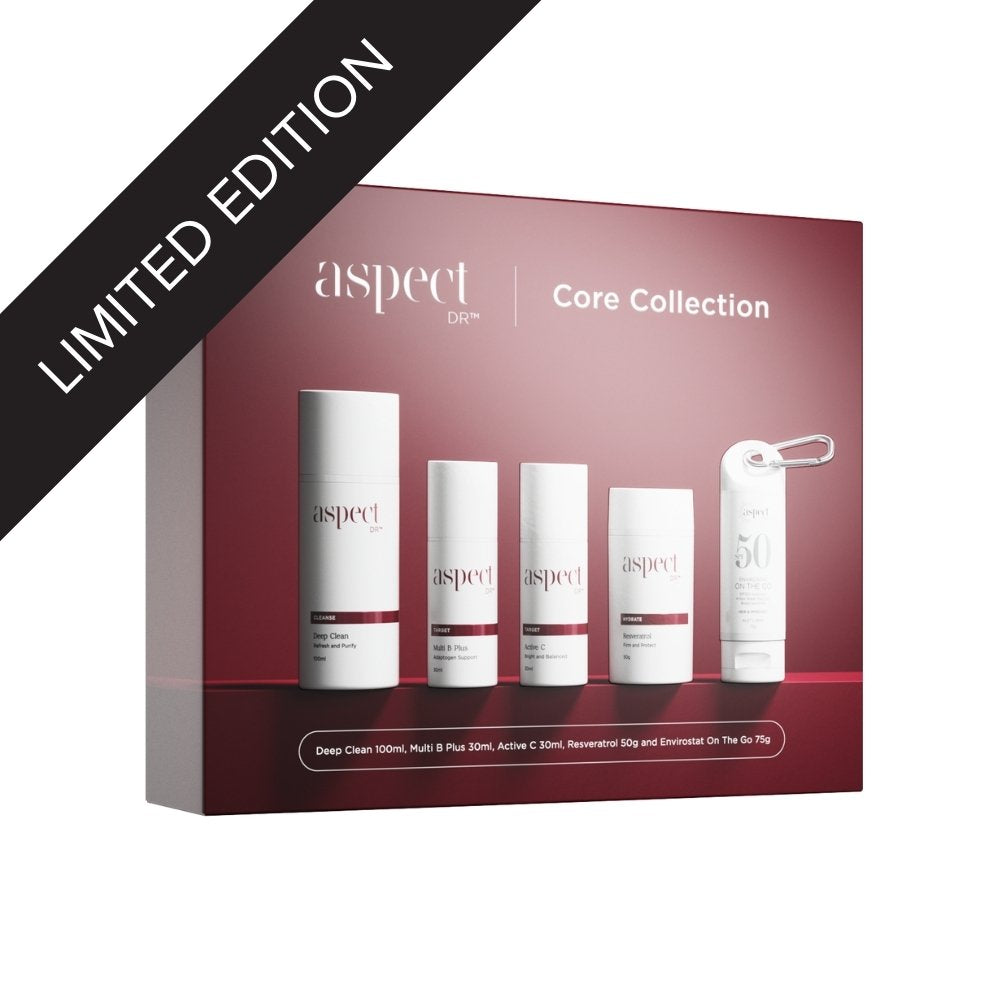 aspect skincare core collection product set with limited edition label on a white background