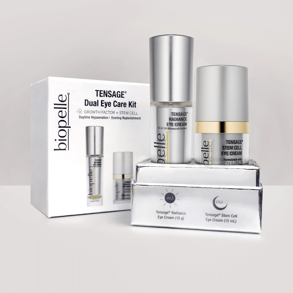 Biopelle Tensage Dual Eye Care Kit packaging and contents, featuring two eye cream products in silver tubes with a white and silver box.