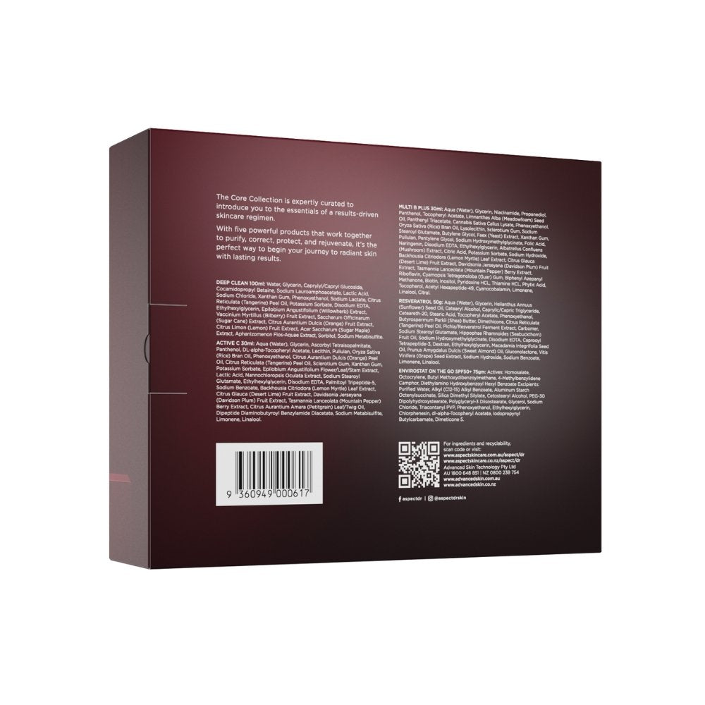 Back view of aspect dr core collection skincare product box with text and a QR code on a white background