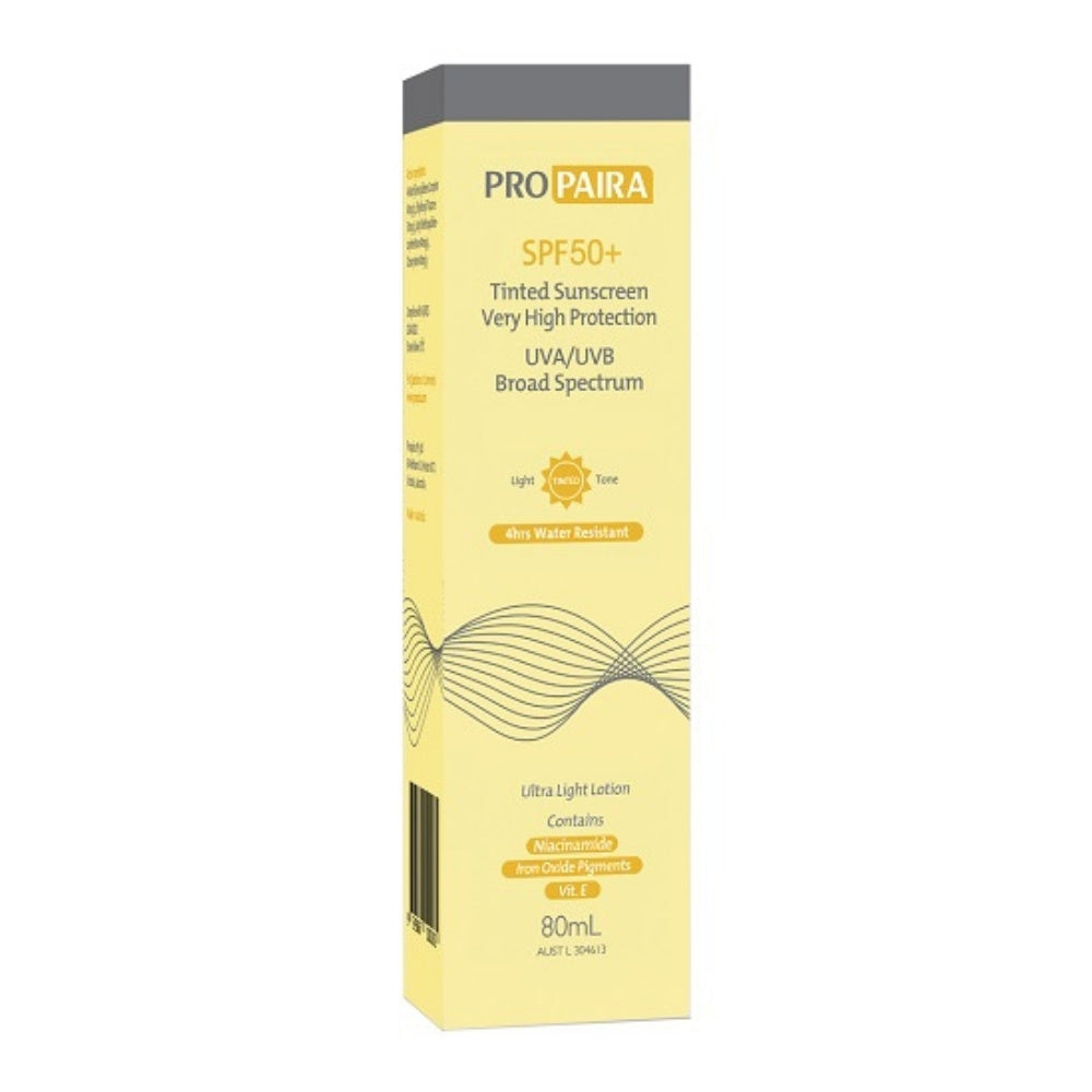 A tall, narrow yellow box of PRO PAIRA SPF 50+ Tinted Sunscreen, featuring a dark gray top band and yellow text, set against a plain white background.