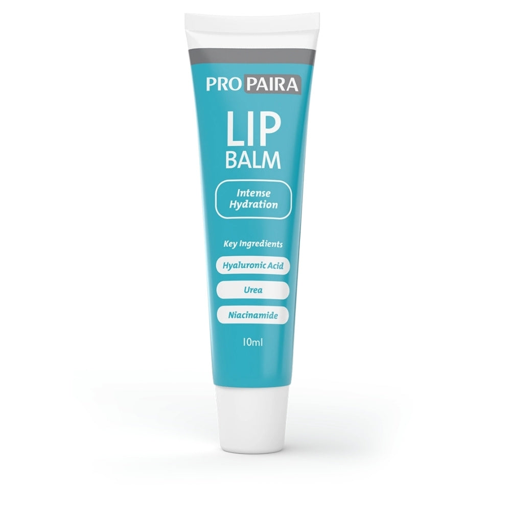 A 10ml squeeze tube of Pro Paira Lip Balm with Intense Hydration, featuring a bright teal blue body, white cap, and white text on a clean white background.